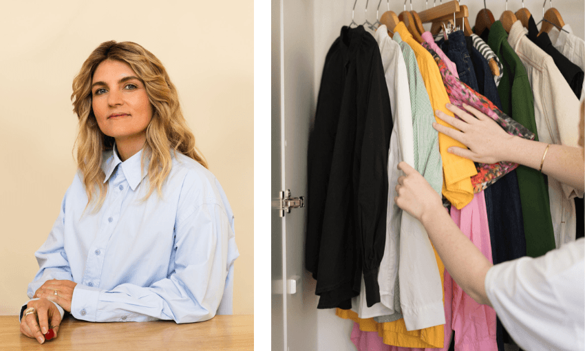 formal headshot of woman with rack of colourful clothing