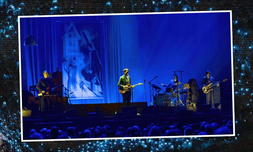 photo of marlon williams and the yarra benders performing onstage in a blue light