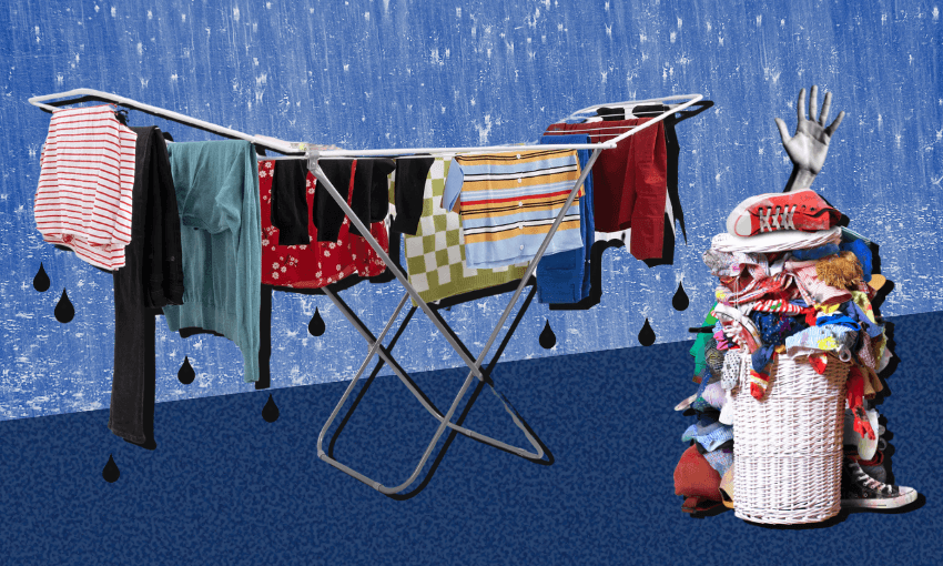 collaged image of a clothes rack with washing on it and a basket overflowing with washing