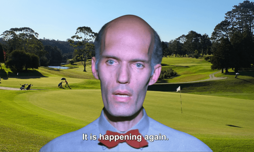 A man with a serious expression stands in front of a green golf course. He is bald, wears a red bow tie, and the caption reads: "It is happening again.