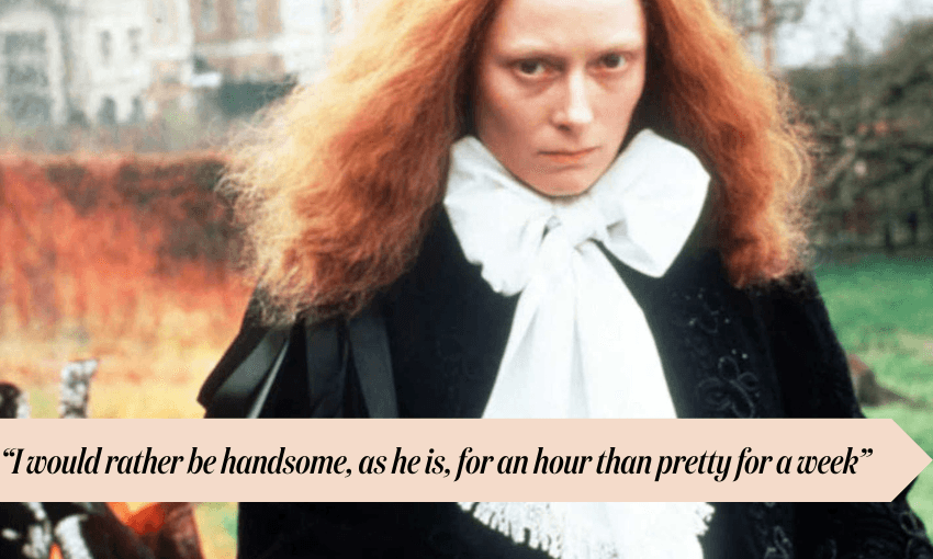 A person dressed (Tilda Swinton in Orlando) in historical clothing with a white ruffled collar and bow looks seriously at the camera. A quote at the bottom reads, “I would rather be handsome, as he is, for an hour than pretty for a week.”.