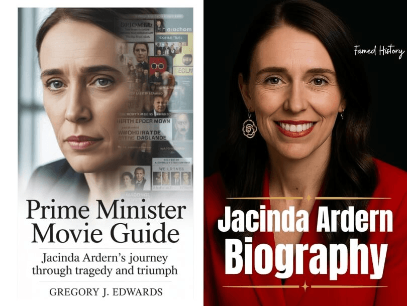 Side-by-side images of two book covers about Jacinda Ardern. The left shows a fake Jacinda, serious, with film scenes overlayed; the right shows her smiling in a red blazer, with "Jacinda Ardern Biography" in bold text.