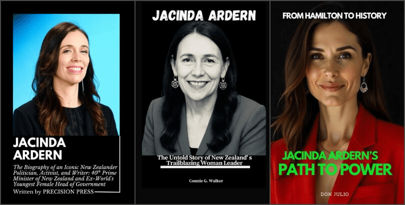 Three book covers featuring 'Jacinda Ardern': the first is a photo of the real Ardern, with her smiling in a black blazer, the second is a black-and-white portrait of a fake Ardern, and the third shows another fake Ardern in red with the title “Jacinda Ardern’s Path to Power” in bold green text.