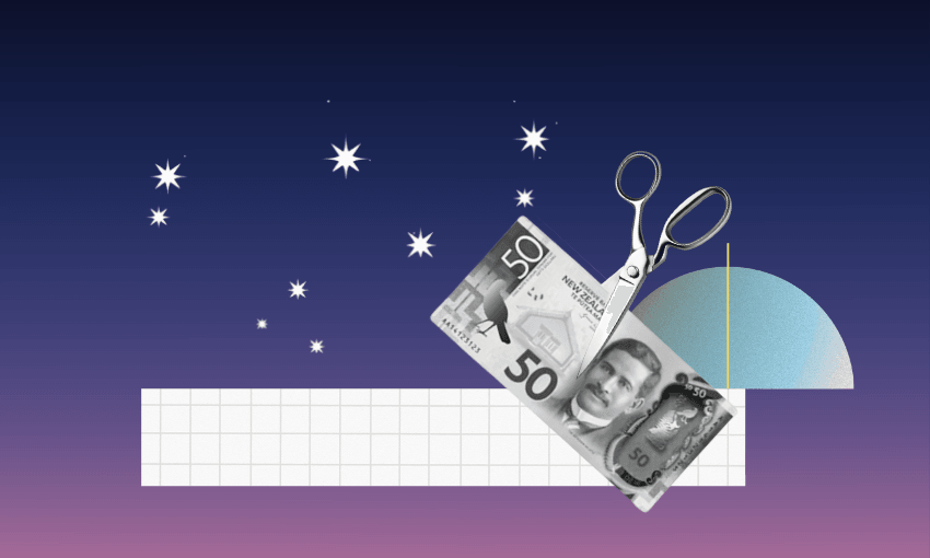 A pair of scissors cutting a $50 bill against a gradient background with stars, a semi-circle, and a grid, symbolizing financial reduction or budget cuts.