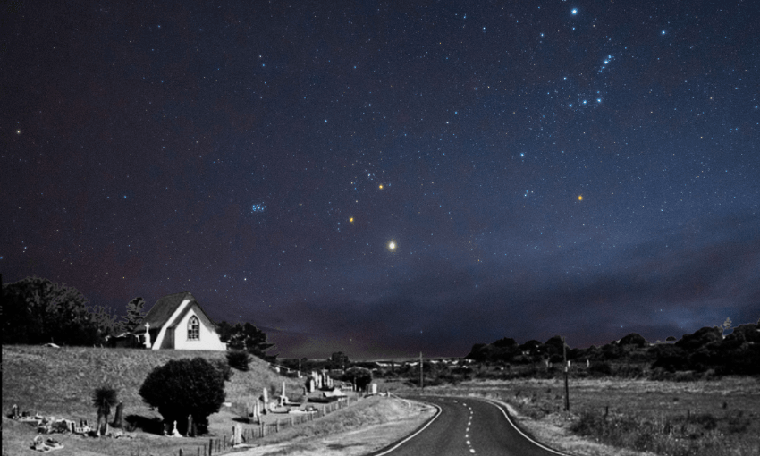 A rural road curves past a small house and gravestones under a clear, star-filled night sky with visible constellations. The landscape is dimly lit, creating a peaceful, serene atmosphere.