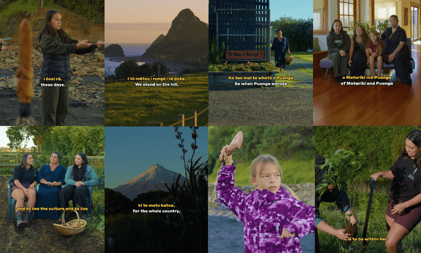 A collage of scenes showing Māori women and girls in nature and at home, gathering food, talking, and holding cultural items, with bilingual English and Māori captions about tradition, culture, and family.