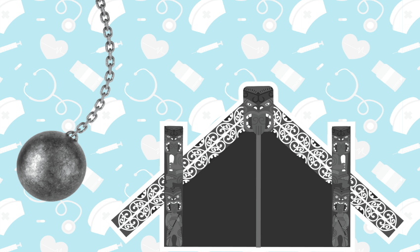 A wrecking ball swings toward a traditional Māori meeting house (wharenui) on a blue background with medical icons like stethoscopes, syringes, nurse hats, and pills.