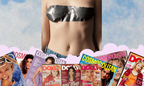 A person (Lorde) with duct tape covering their chest is shown above a row of Dolly and Cosmo covers, arranged at the bottom against a pastel, cloud-like background.