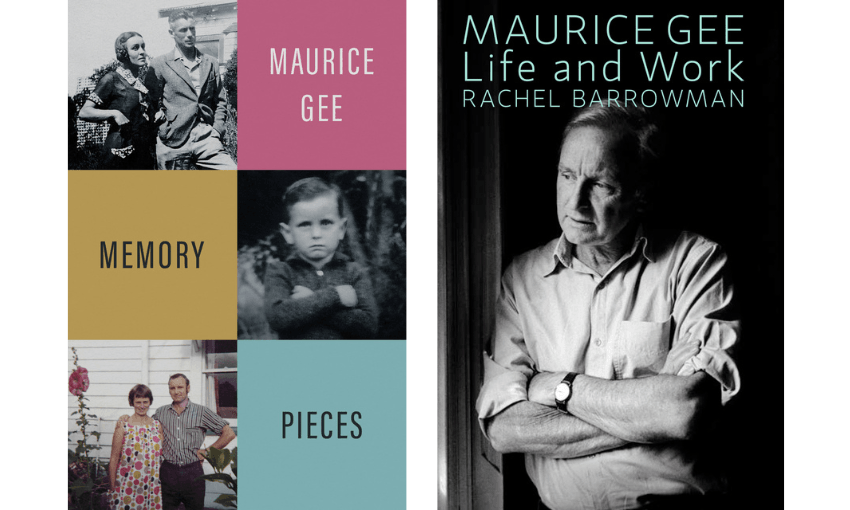 Two book covers: one Maurice Gee's memoir, Memory Pieces; and Rachel Barrowman's biography of Maurice Gee.