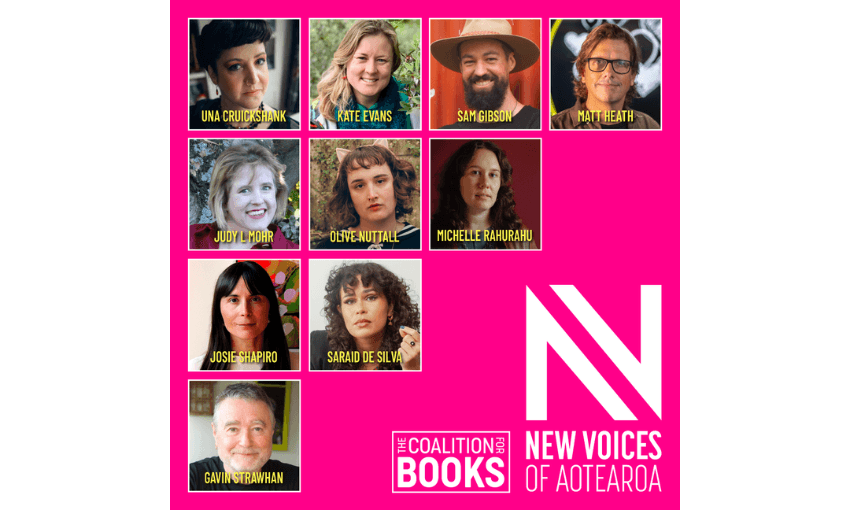 A tile with ten individual photos on it. Bright pink background with two logos.