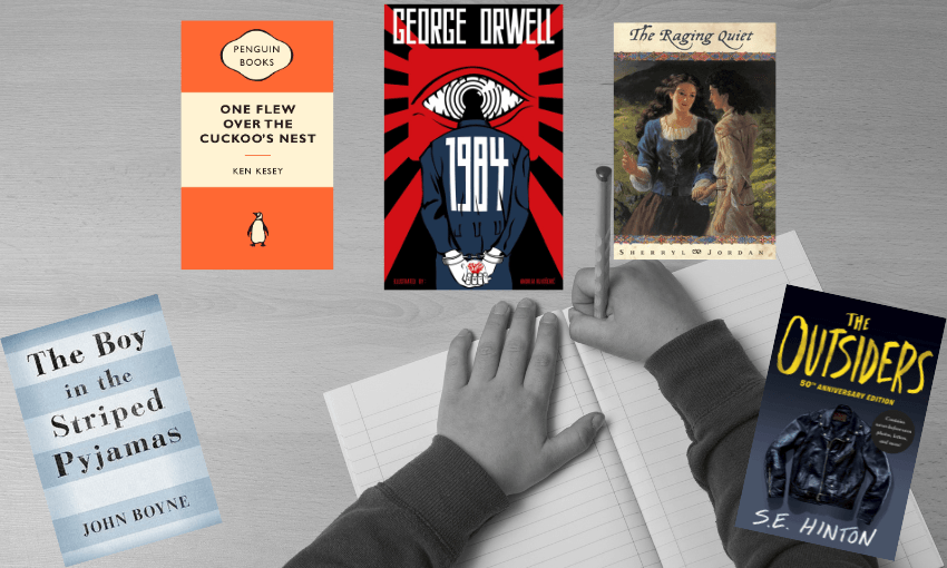 A black and white photo showing a hand on a blank workbook, with one hand poised to write. Five book covers are overlaid.