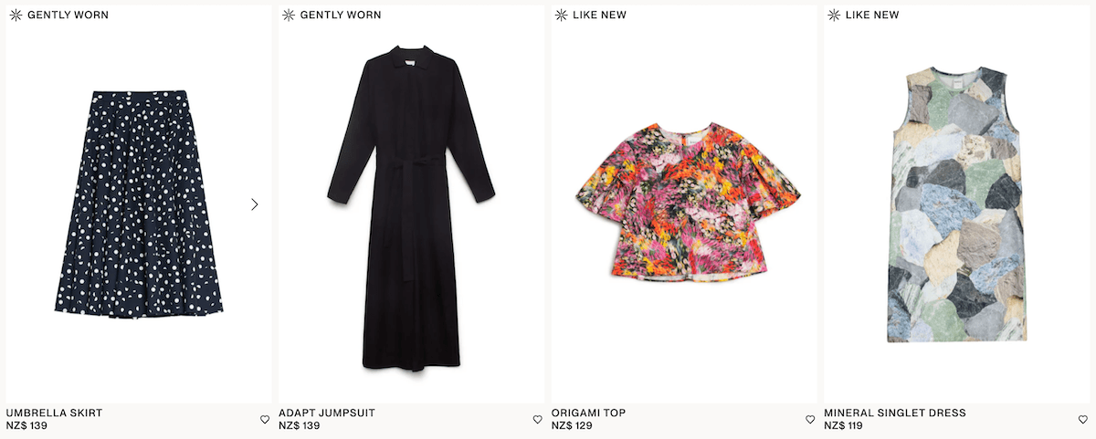 screenshot of four clothing items for sale on a website