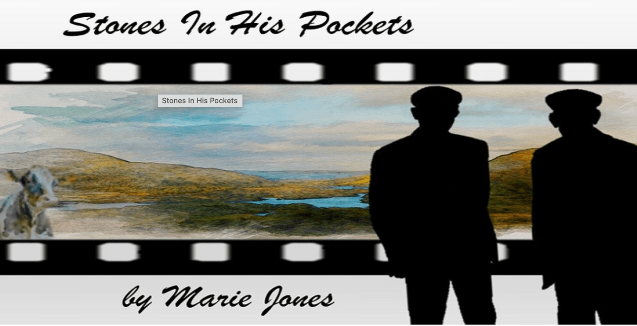 graphic of two male silouettes standing front of a pastoral scene