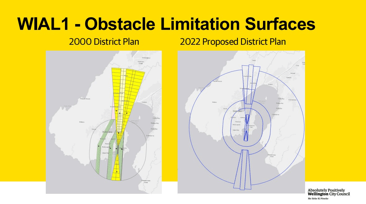 Two maps show Wellington airport’s Obstacle Limitation Surfaces: the 2000 District Plan with yellow rectangles and the 2022 Proposed Plan featuring blue fan-shaped and circular zones over a city map.