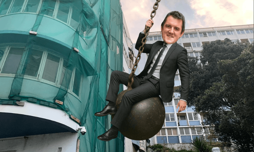 Housing minister Chris Bishop celebrated plans to demolish the Gordon Wilson flats with this photoshopped image.  
