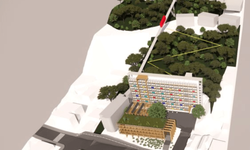 A 3d model of a building against a hill, with trees behind it and a cable car line.