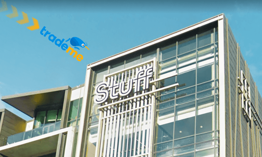 A modern office building with large glass windows displays the "Stuff" logo. In the sky, the Trade Me logo with a blue kiwi is visible in the upper left corner.