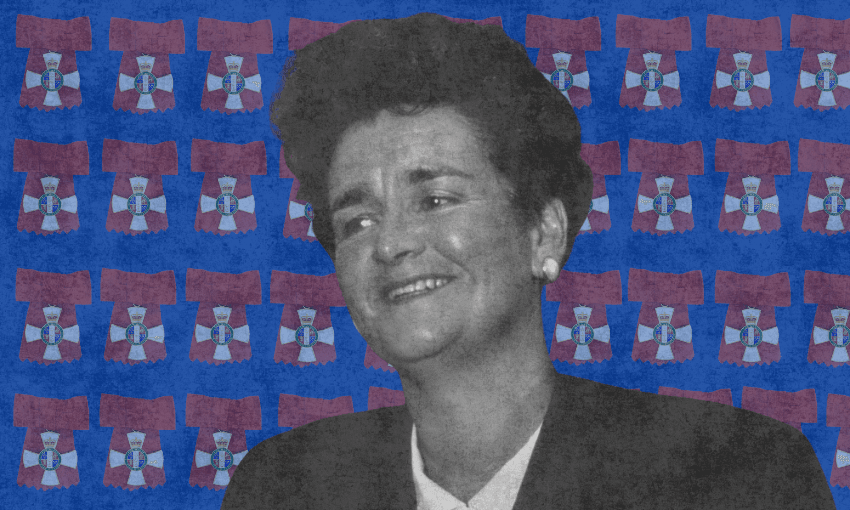 Ruth Richardson in 1991, and the badge of the Companion of the New Zealand Order of Merit (Image: Comet Photo AG; design by The Spinoff) 
