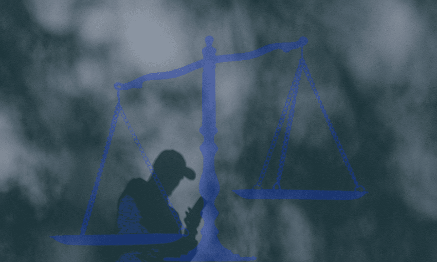 A shadowy figure wearing a cap looks at a phone, overlaid with a blue silhouette of unbalanced scales of justice against a textured, dark background.