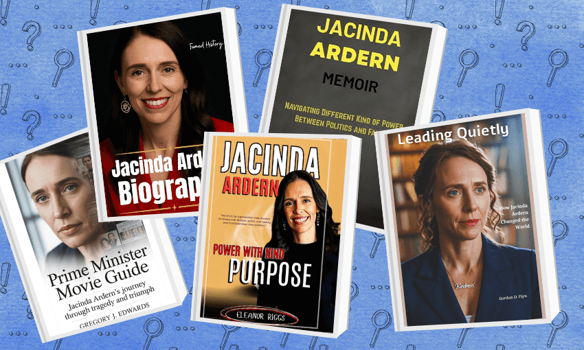 A collage of five book covers about Jacinda Ardern, including biographies, a memoir, and guides, all featuring her photo and name prominently on each cover, set against a blue background with question marks.