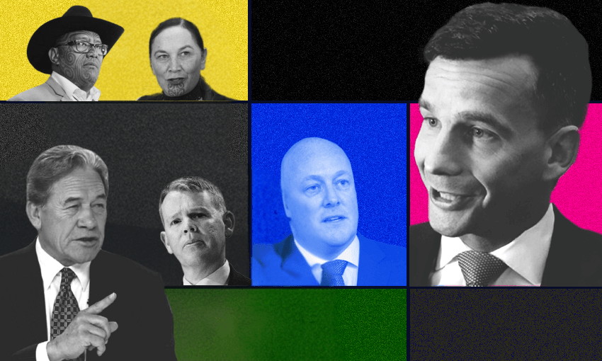 A collage of six people, each in different colored sections: two older individuals at the top left, three men in suits at the bottom left and center, and one man in a suit on the right, each section with a bold colored background.