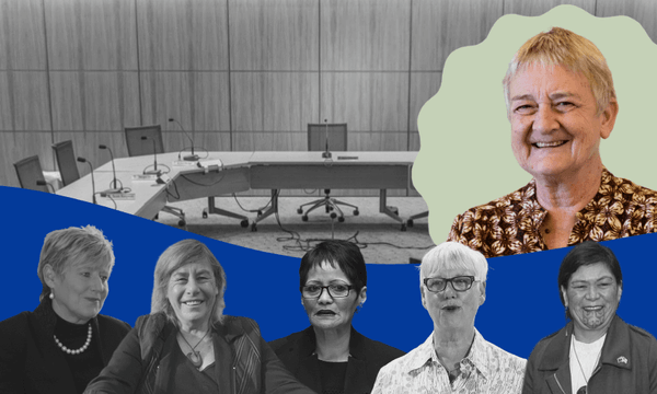A collage showing an empty conference table in grayscale, with five women in the foreground, mostly in black and white, and one woman in color, smiling against a light green background.