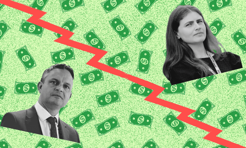 A man in a suit, James Shaw, and a woman in black, Chlöe Swarbrick, are separated by a jagged red line against a green background with dollar bills.