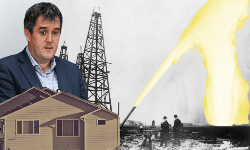 An artist’s impression of councils’ piss-taking apparatus, and Chris Bishop (Photo: Getty Images; design The Spinoff) 
