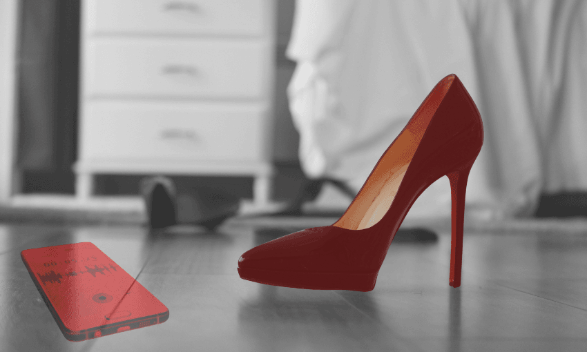 A red high-heeled shoe and a red smartphone with a visible sound recording screen are in focus on a bedroom floor, with a dresser and blurred clothing in the background.