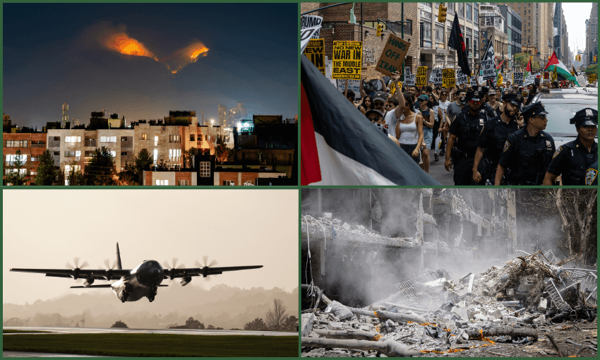 A collage showing fire in the hills over a city, a protest march with police and signs, a military cargo plane taking off, and rubble from a destroyed building with smoke rising.