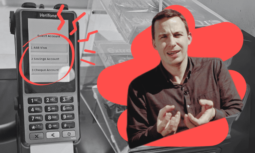 A man gestures while standing beside a payment terminal screen showing account options: ASB Visa, Savings Account, and Cheque Account. The screen is highlighted with red accents.
