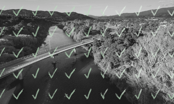 A black and white aerial view of a river and bridge surrounded by trees, with a grid of translucent green check marks overlaying the entire image.