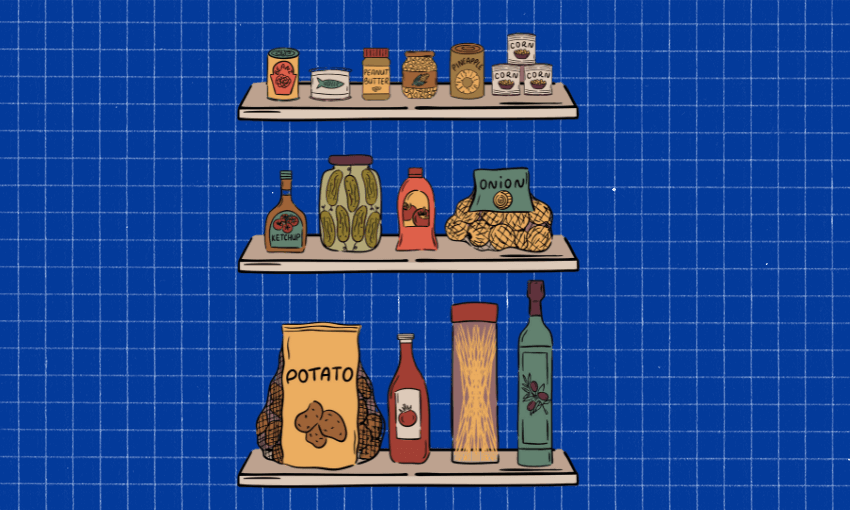 Illustration of three pantry shelves holding various food items, including canned goods, jars, bottles, potatoes, onions, pasta, pickles, and condiments, set against a blue grid background.