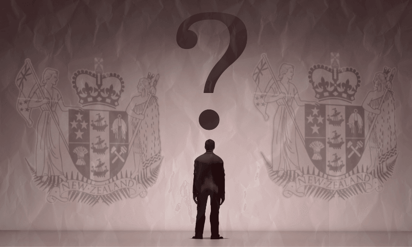 A silhouetted person stands facing two versions of the New Zealand coat of arms, with a large question mark above, suggesting a choice or uncertainty about national identity.