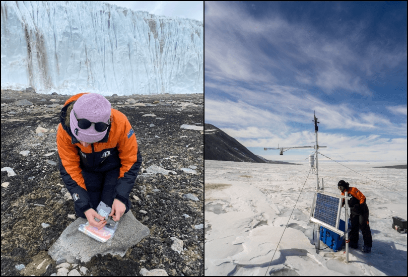 Split image: Left, a person in winter gear kneels on rocky ground near a glacier, handling samples. Right, another person in similar gear works on scientific equipment with solar panels on an icy, snowy landscape under a blue sky.
