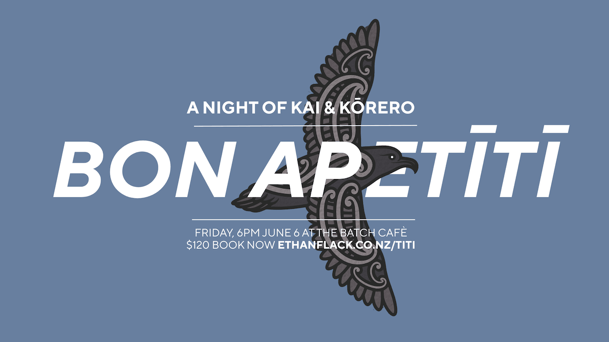 stylised illustration of a tītī flying with the words "bon apetītī"