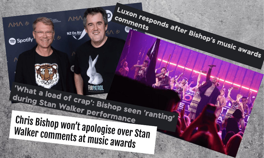 A collage of images from the Aotearoa Music Awards including Stan Walker and Chris Bishop, with headlines discussing Chris Bishop's comments at the awards