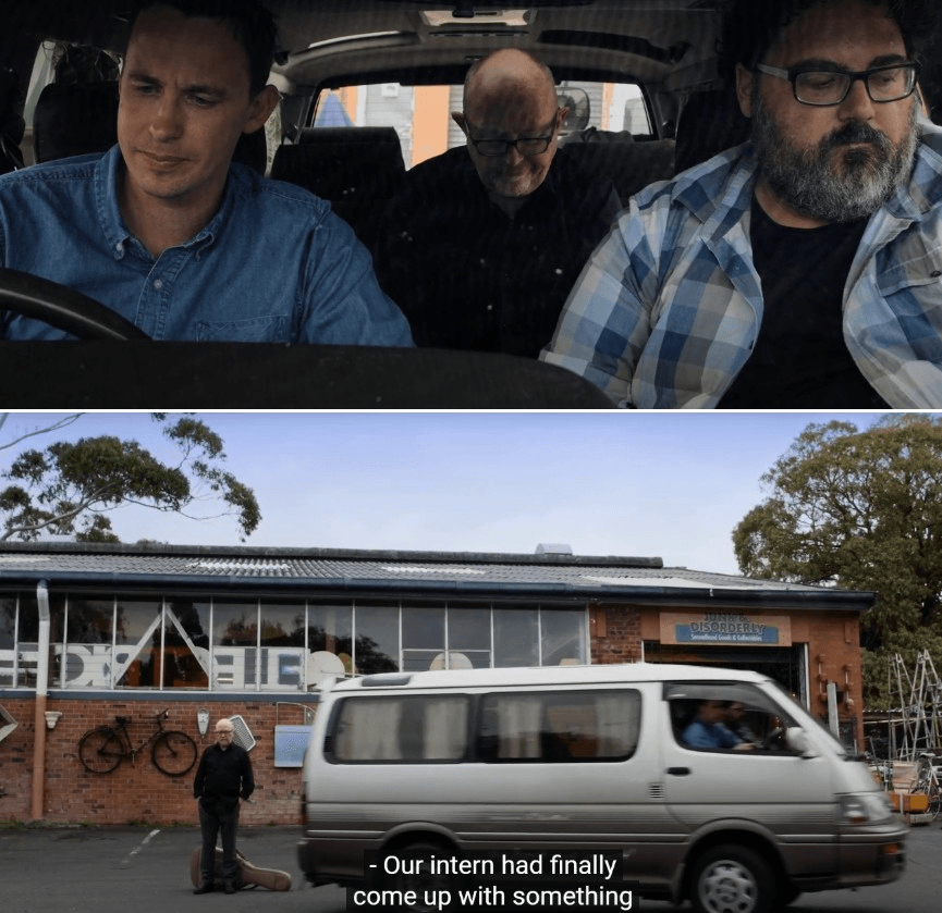 Hayden Donnell, Dave Dobbyn, and Jose Barbosa after failing to get the Big Fresh animatronic fruit and veges into Te Papa