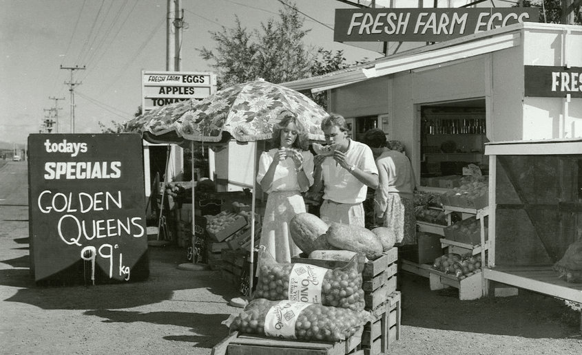 Photo from Archives New Zealand: Eating fruit at a roadside stall in Otaki. April 1982, Otaki 
