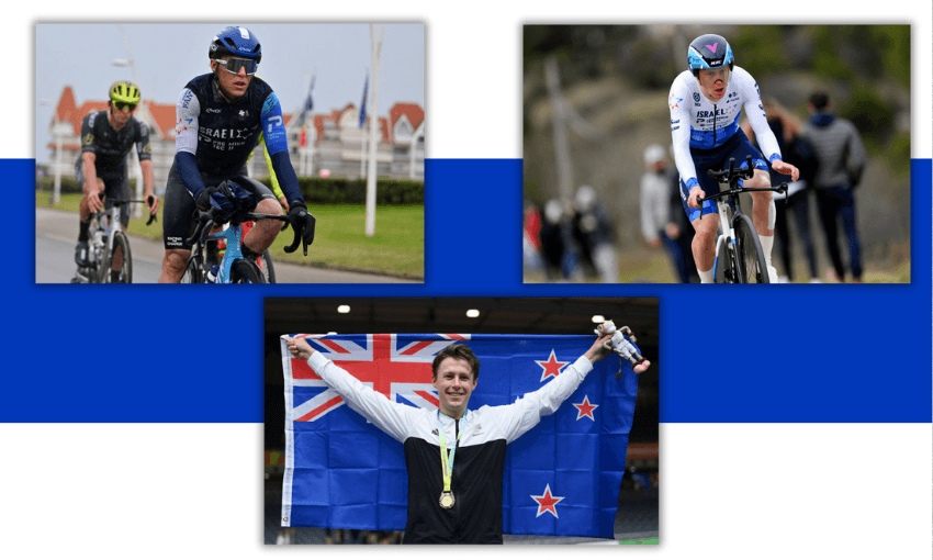 Three images: top left, a cyclist in blue racing outdoors; top right, a cyclist in white and blue pedaling hard; bottom center, an athlete smiling and holding a New Zealand flag and medal, celebrating victory.