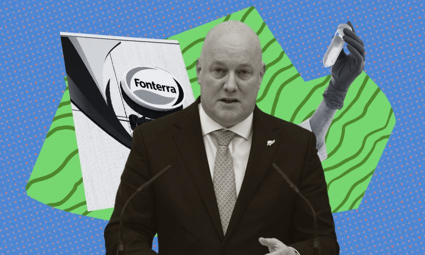 Christopher Luxon, superimposed over the Auckland Fonterra building and a scientist holding a test tube.