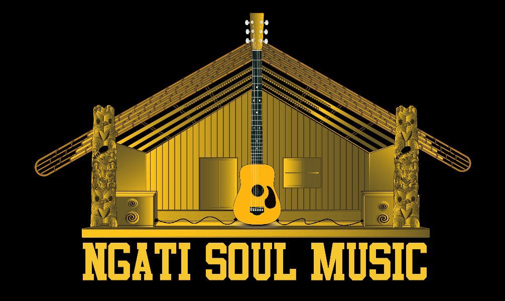 illustration of marae with a guitar saying Ngati soul music