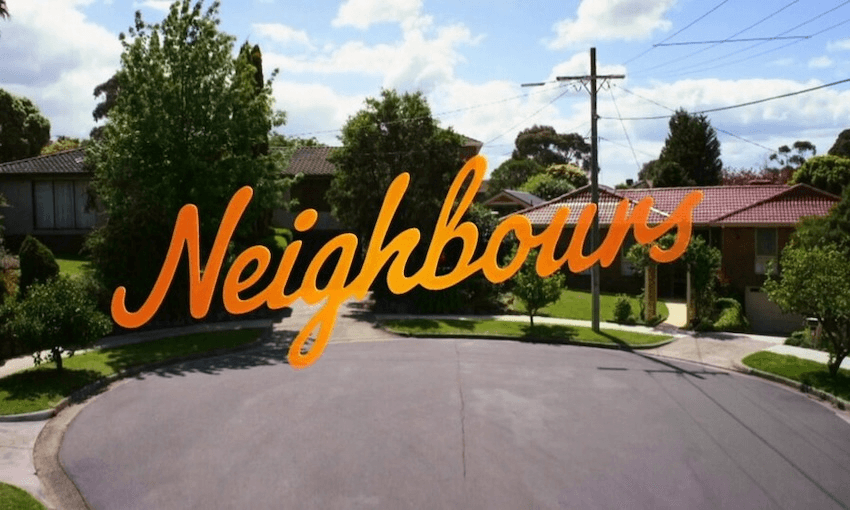 A cul de sac on a sunny day with the word "neighbours" in red cursive font over the top