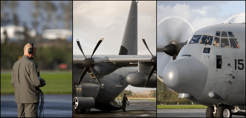 A collage of three photos shows: a person in uniform with headphones on a runway, the side view of a gray military aircraft with spinning propellers, and the cockpit of the same aircraft with crew visible inside.