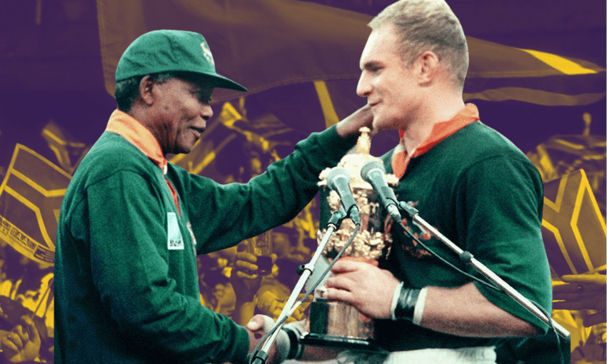 Nelson Mandela and Francois Pienaar at the 1995 World Cup (Photos: Getty Images / Design: The Spinoff) 
