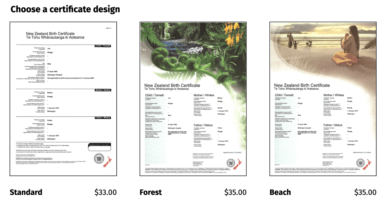 Three New Zealand birth certificate design options: Standard (plain white background), Forest (lush green forest scene), and Beach (people walking on a beach at sunset). Prices: $33 for Standard, $35 for Forest and Beach.