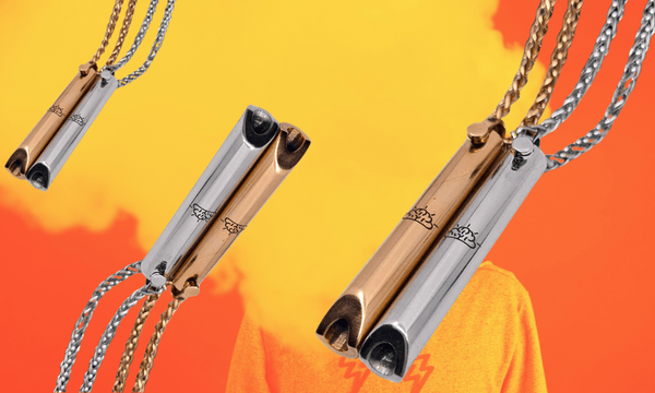 an orange backgroun of someone vaping with some images of hollow metal pendants on chains overlaid, intended to be used by people wanting to put something in their mouth when they want to vape