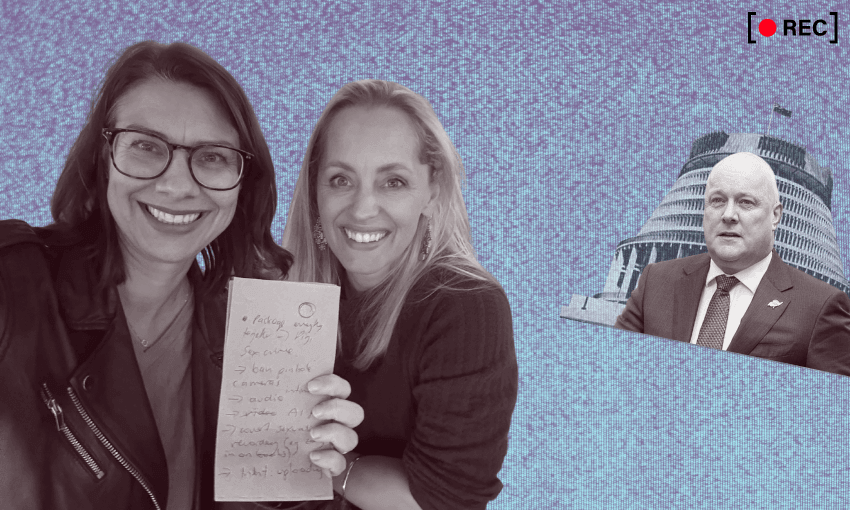 Two smiling women hold up a handwritten note in the foreground, while a suited man stands in front of New Zealand's Beehive building in the background, with a "REC" recording icon in the top right corner.