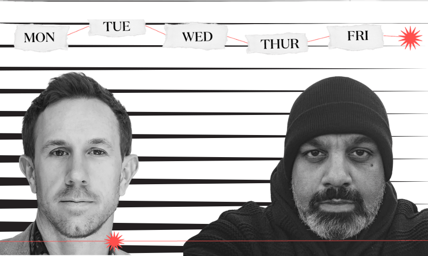 headshots of two men, one wearing a black beanie and a hoodie, the other a suit