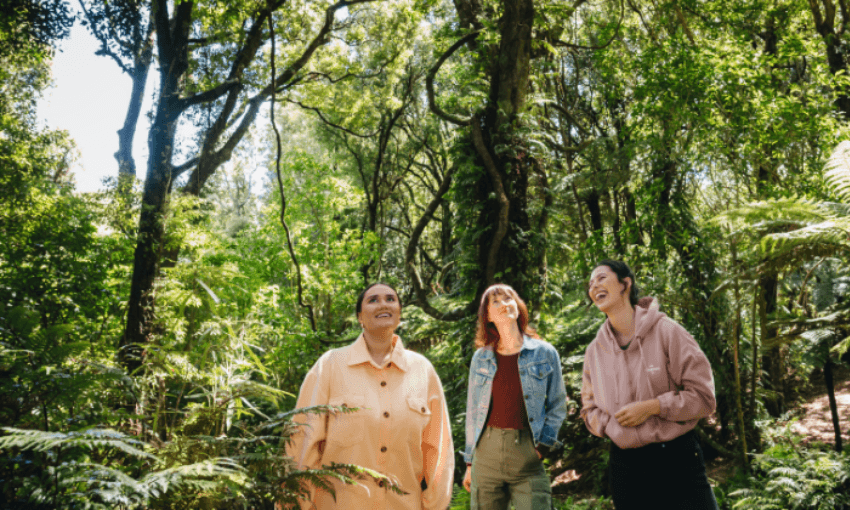 Three people stand together in a lush, green forest, surrounded by tall trees and ferns. They are looking up and smiling, appearing to enjoy the natural environment. Sunlight filters through the leaves above.